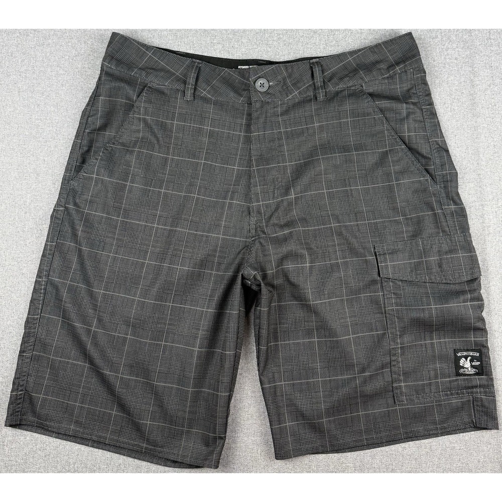 Vans Vanphibian Mens 34 Plaid Cargo Shorts Gray Quick Dry Surf Swim Hybrid